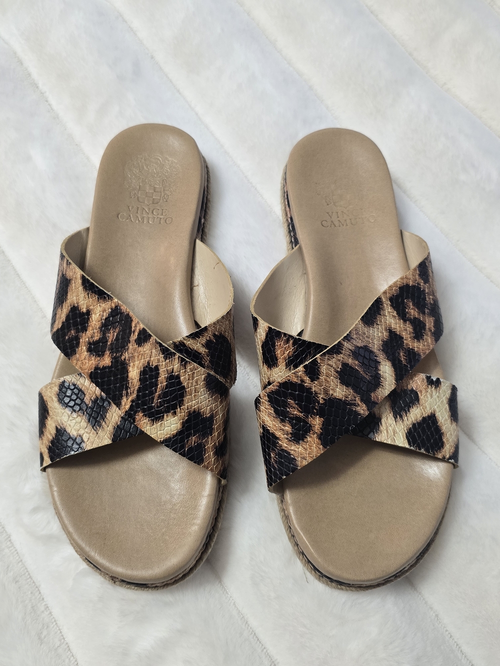 Vince Camuto Leopard Crossband Slide Sandals - Tan & Black